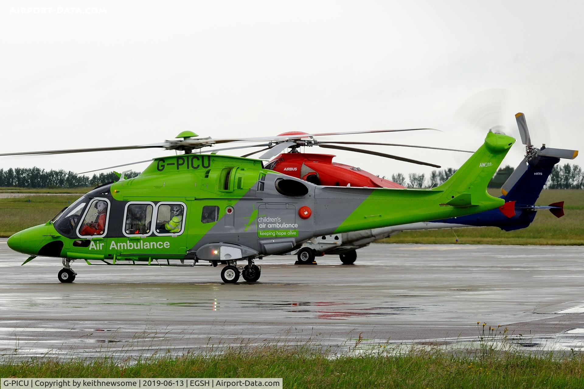 G-PICU, 2017 Leonardo AW169 C/N 69055, Leaving Norwich following fuel stop.