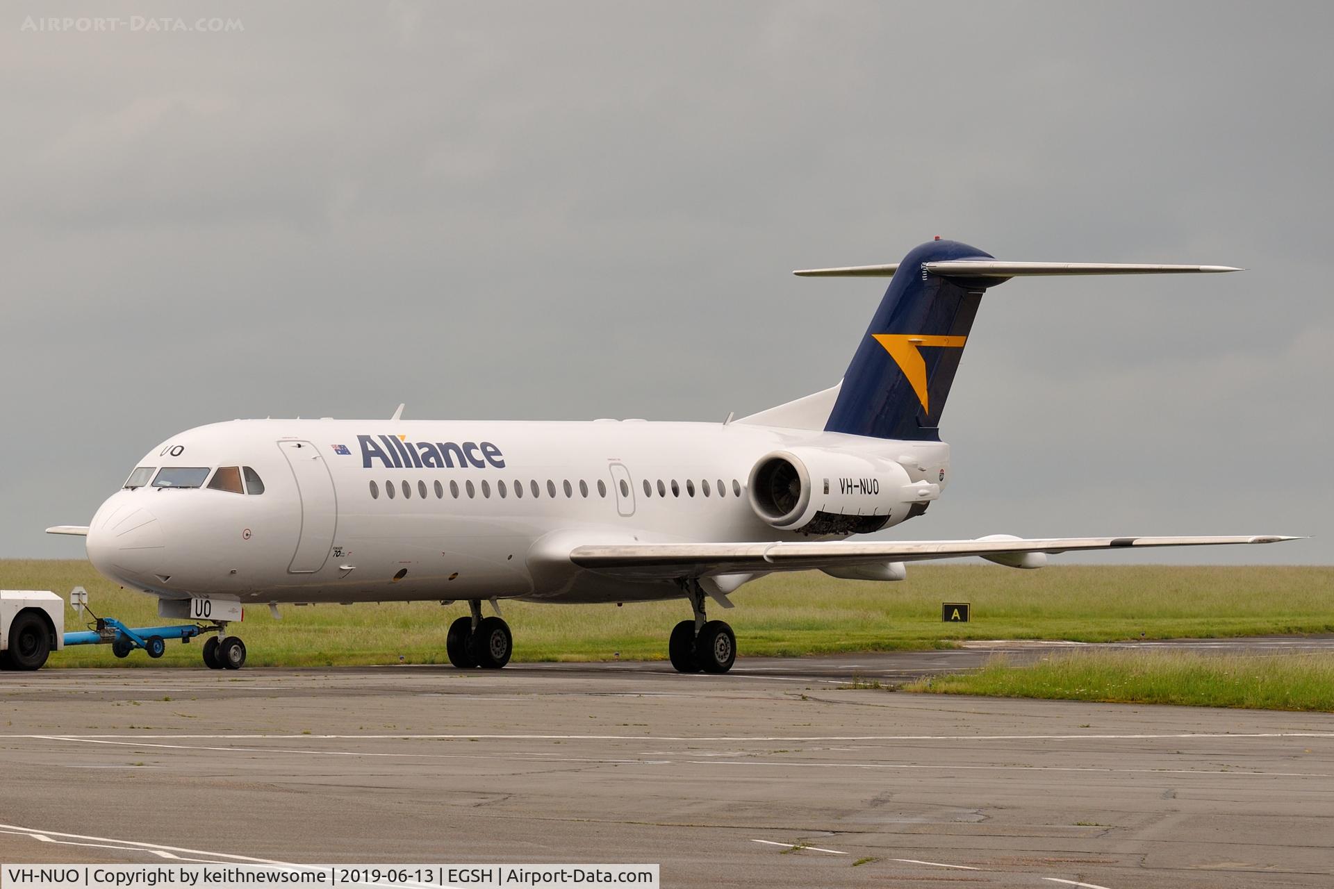VH-NUO, 1995 Fokker 70 (F-28-0070) C/N 11529, Being towed for more engine runs.