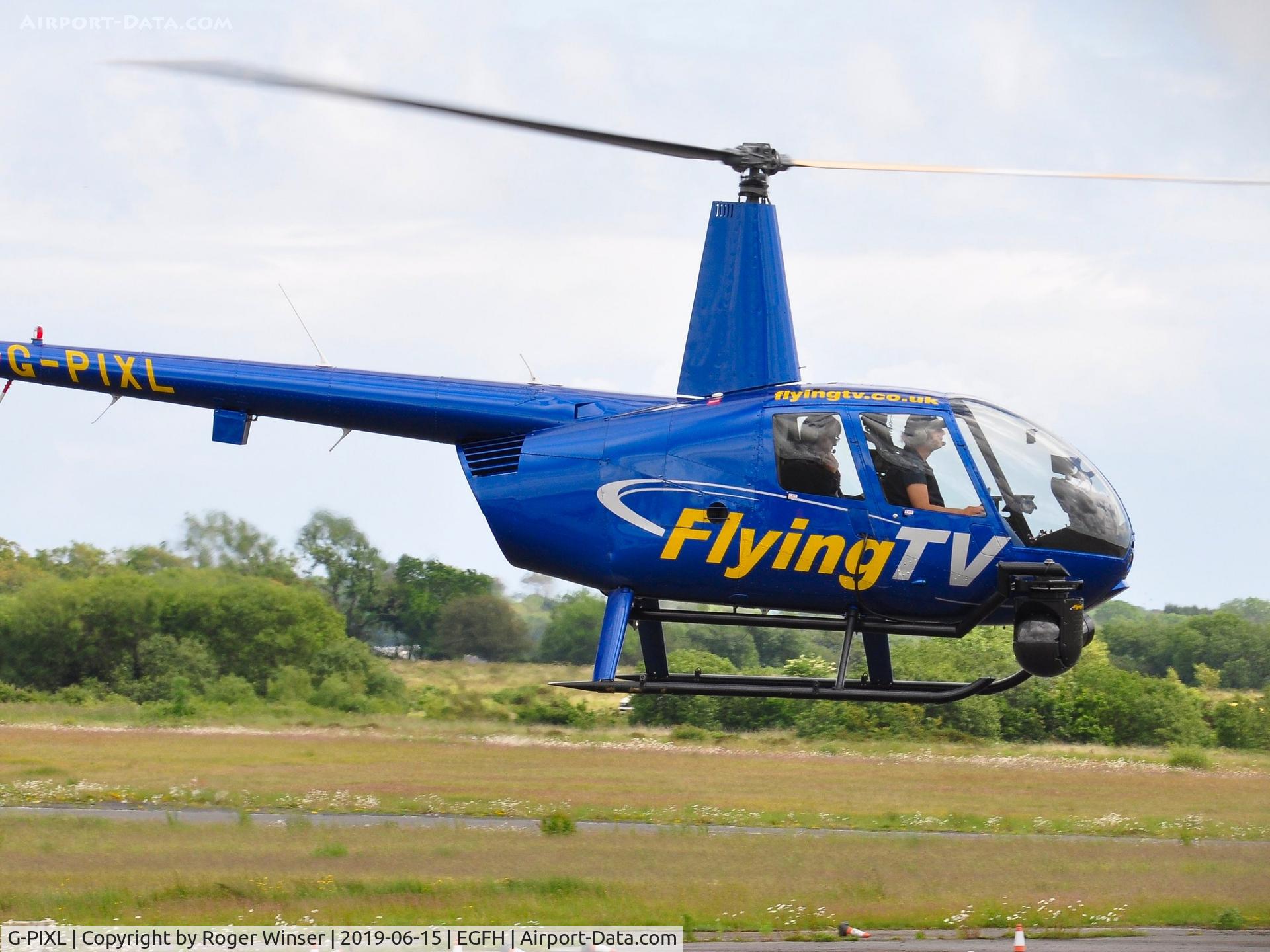 G-PIXL, 2006 Robinson R44 Raven II C/N 11221, Visiting R44 Raven II operated by FlyingTV departing the airport.