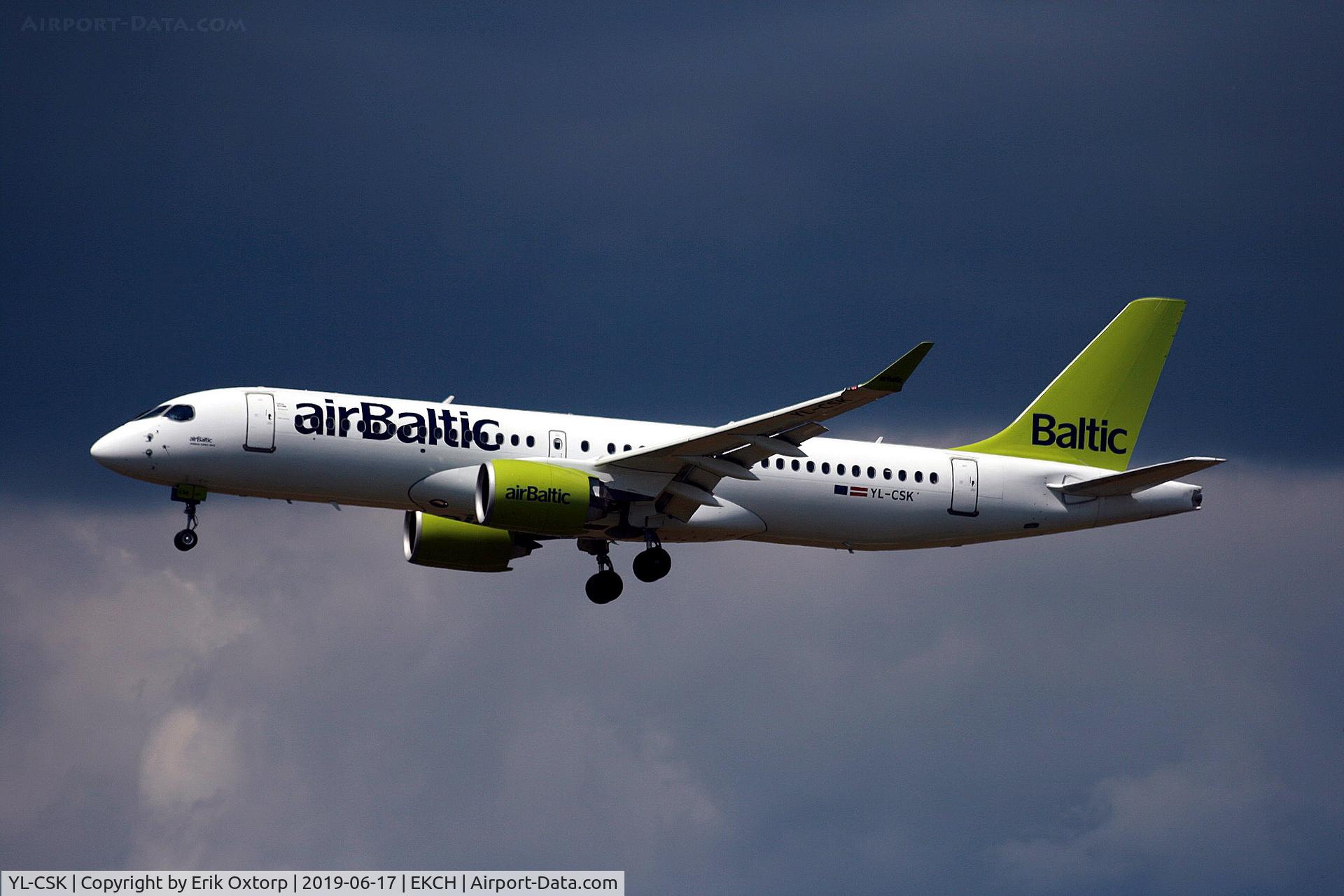 YL-CSK, 2018 Airbus A220-300 C/N 55039, YL-CSK landing tw 22L