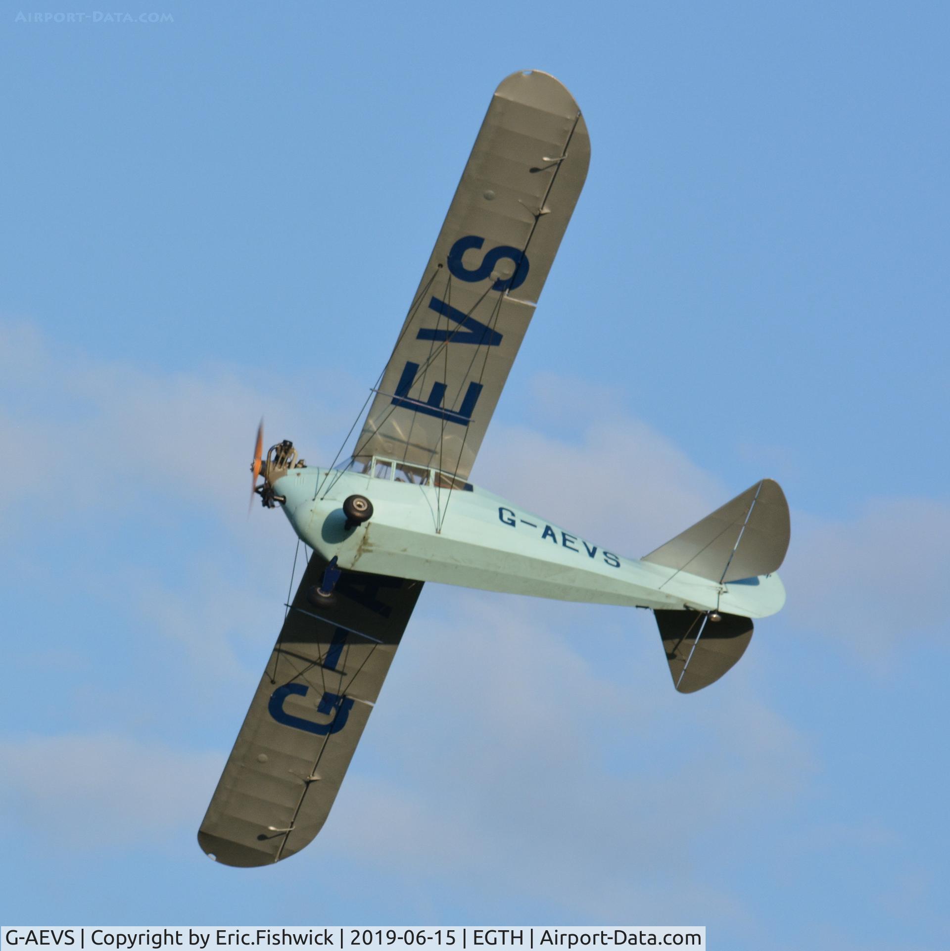 G-AEVS, 1937 Aeronca 100 C/N AB114, 44. G-AEVS making a welcome appearance at The Evening Airshow at The Shuttleworth Collection, June, 2019.