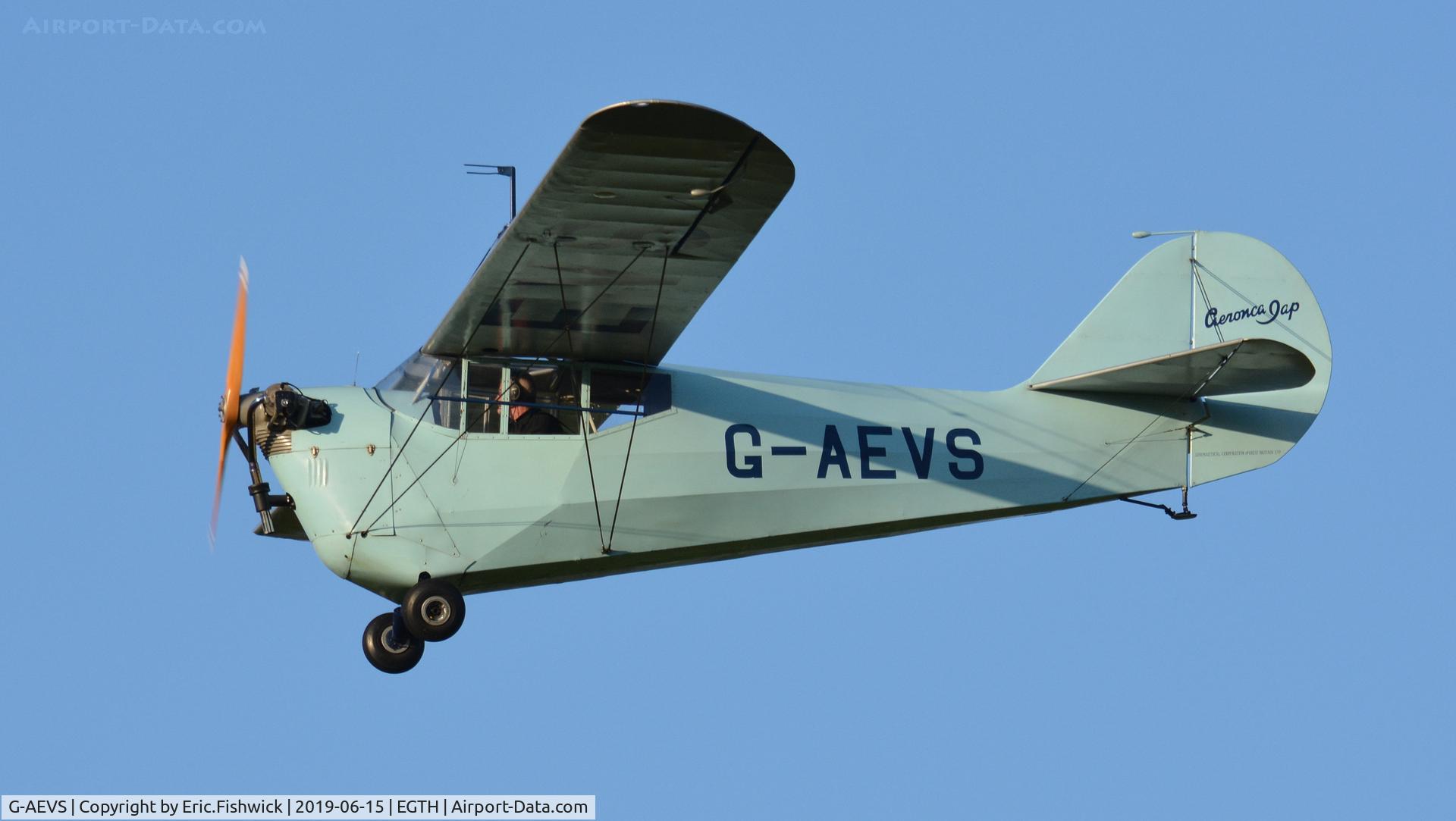G-AEVS, 1937 Aeronca 100 C/N AB114, 41. G-AEVS in display mode at The Evening Airshow at The Shuttleworth Collection, June, 2019.
