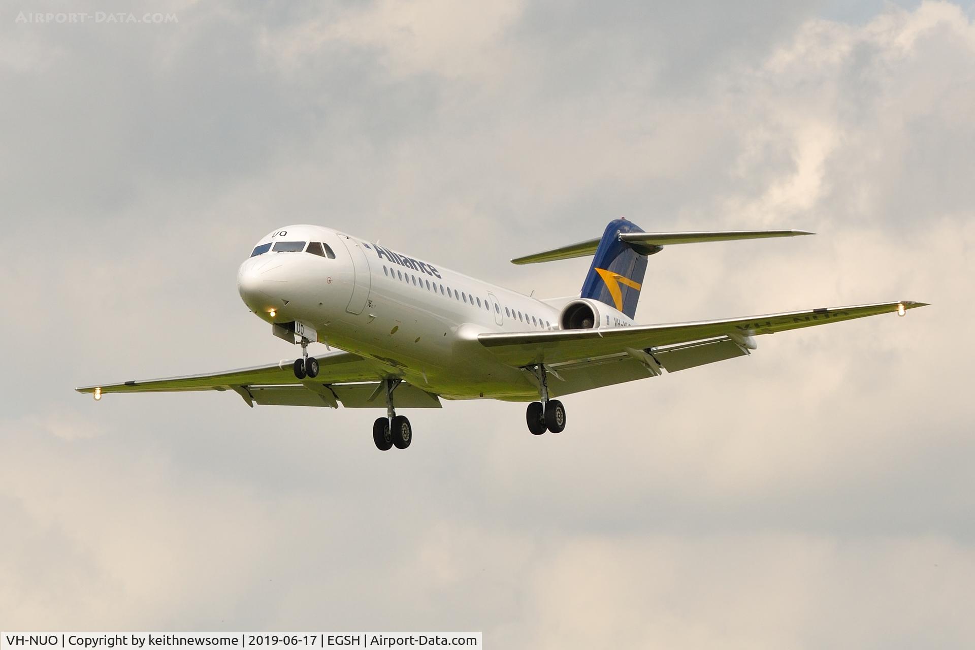 VH-NUO, 1995 Fokker 70 (F-28-0070) C/N 11529, Returning to Norwich following air test.