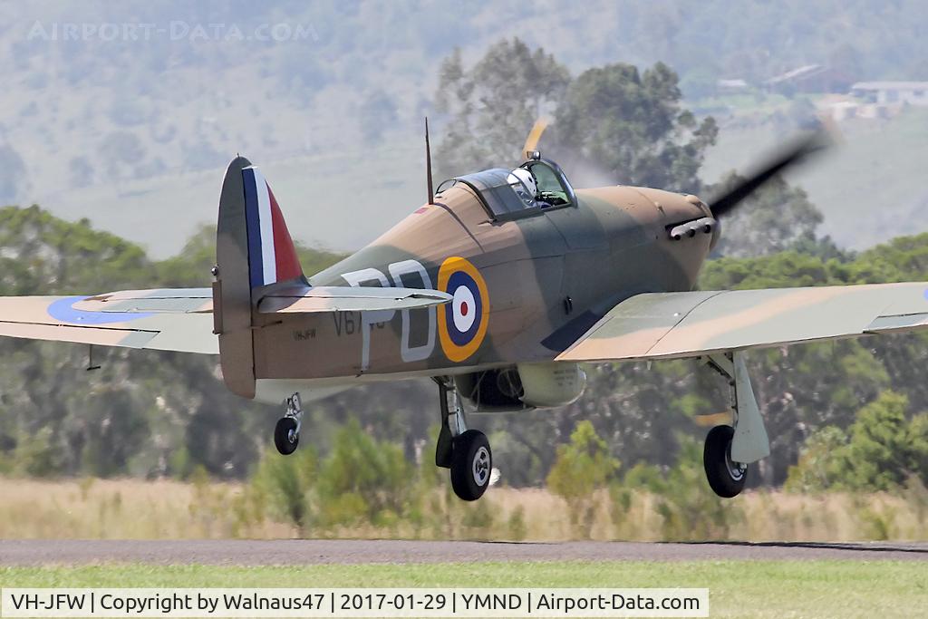VH-JFW, 1942 Hawker (CCF) Hurricane Mk12 C/N 60372, Hawker Hurricane MK XII VH-JFW Cn 60392 (RCAF 5481) Code V6748/PO, taking off at Maitland Airport YMND on 29Jan2017.