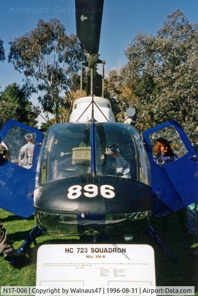 N17-006, 1971 Bell 206B-1 C/N 44506, Royal Australian Navy (RAN) HC 723 Sqn Bell 206B-1 Kiowa N17-006 Cn 44506 Code 896, on display at the Australian Defence Force Academy (ADFA) Open Day in Canberra on 31Aug1996.