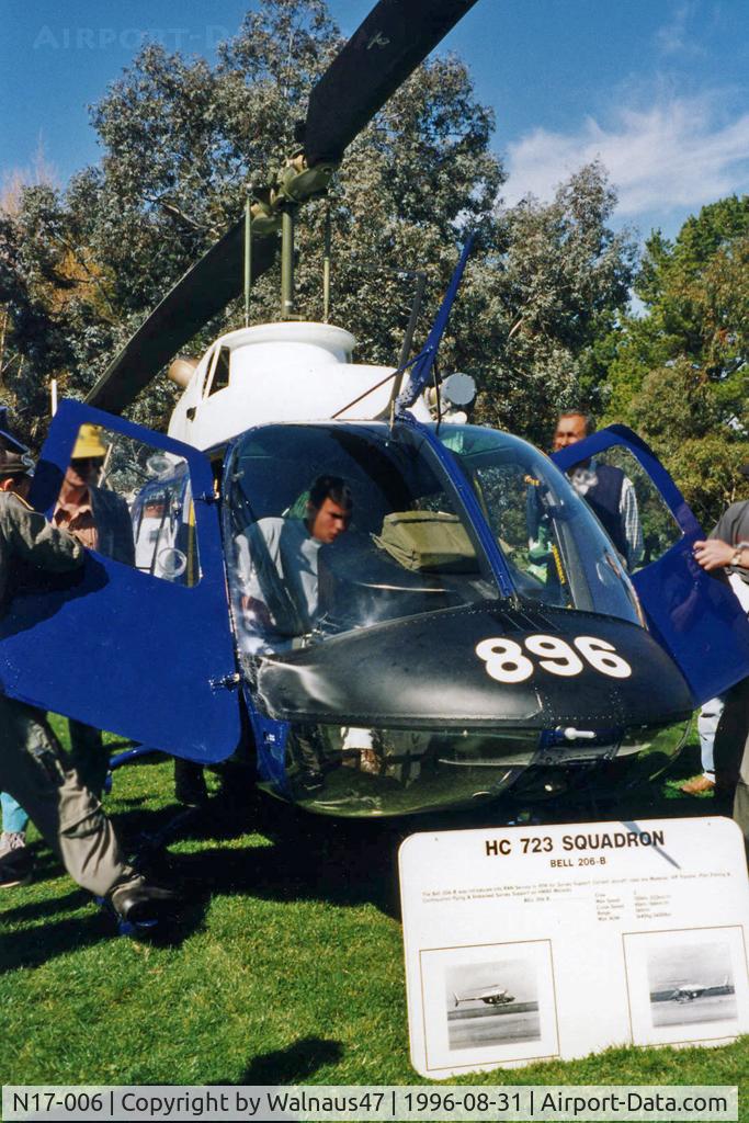N17-006, 1971 Bell 206B-1 C/N 44506, Royal Australian Navy (RAN) HC 723 Sqn Bell 206B-1 Kiowa N17-006 Cn 44506 Code 896, on display at the Australian Defence Force Academy (ADFA) Open Day in Canberra on 31Aug1996.