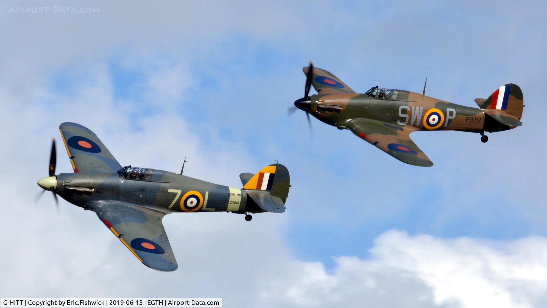 G-HITT, 1940 Hawker Hurricane I C/N Not found / see comment, 45. Pair of Hurricanes in display mode at The Evening Airshow at The Shuttleworth Collection, June, 2019.