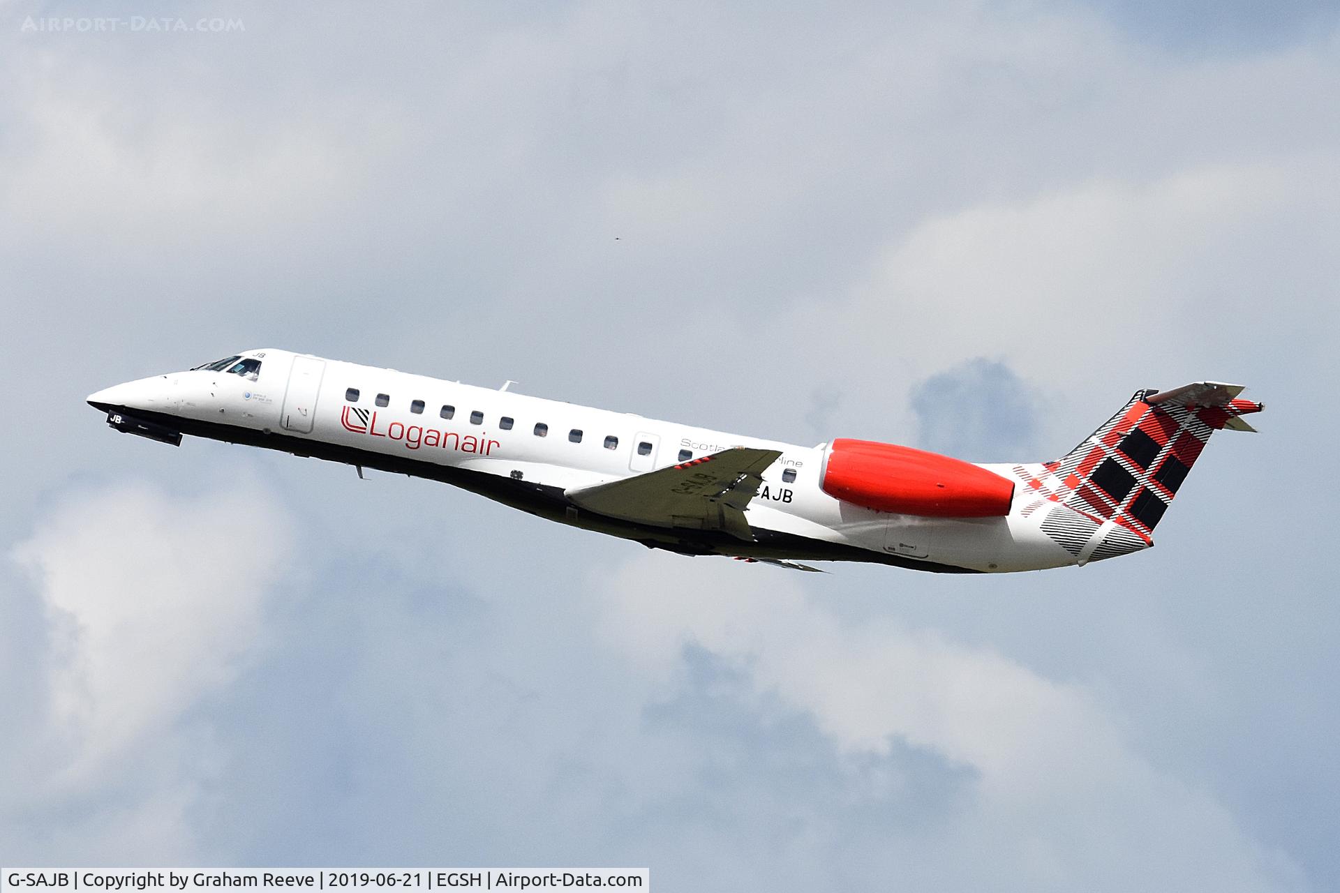 G-SAJB, 2001 Embraer ERJ-135ER (EMB-135ER) C/N 145473, Departing from Norwich.