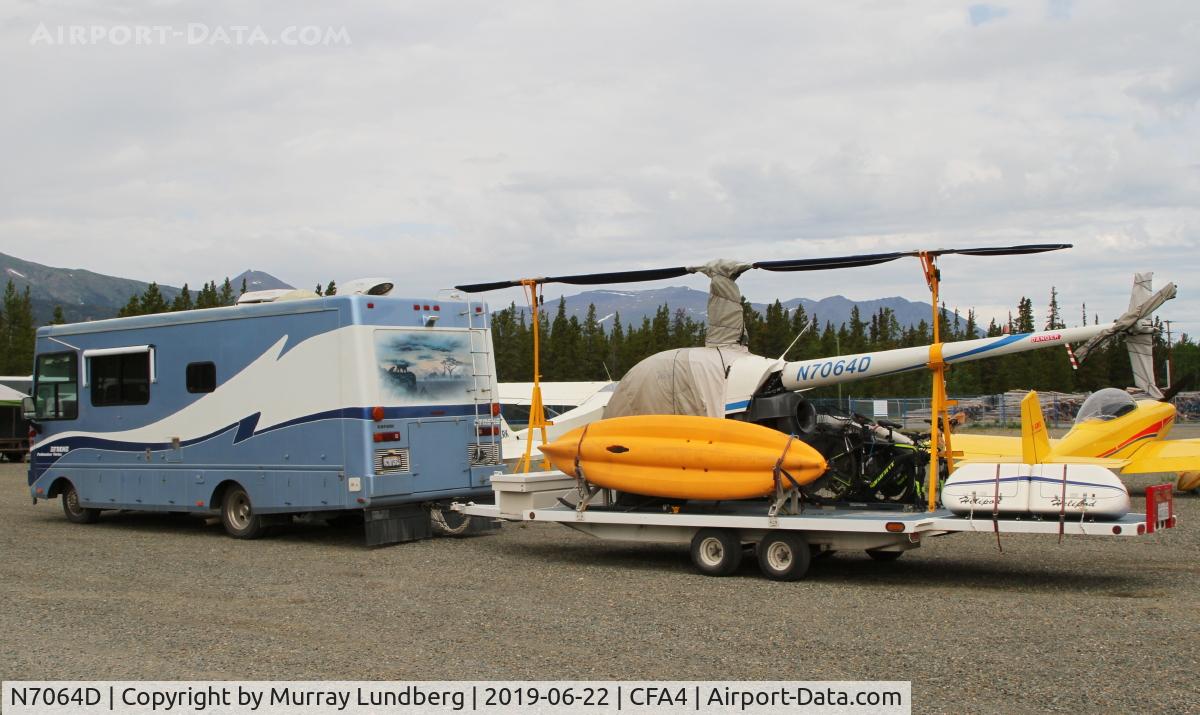 N7064D, 1999 Robinson R22 C/N 2907, At a Canadian Owners and Pilots Association fly-in at CFA4 after 2 days of exploring the area around Carcross, Yukon, with the R22.