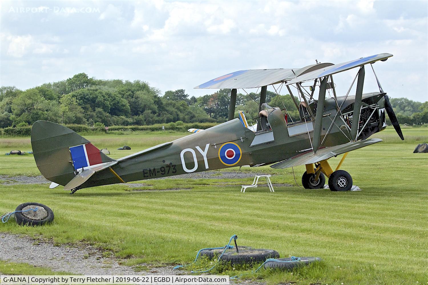 G-ALNA, 1941 De Havilland DH-82A Tiger Moth II C/N 85061, former RAF T6774 now wears false EM973 at Derby Airfield , Eggington