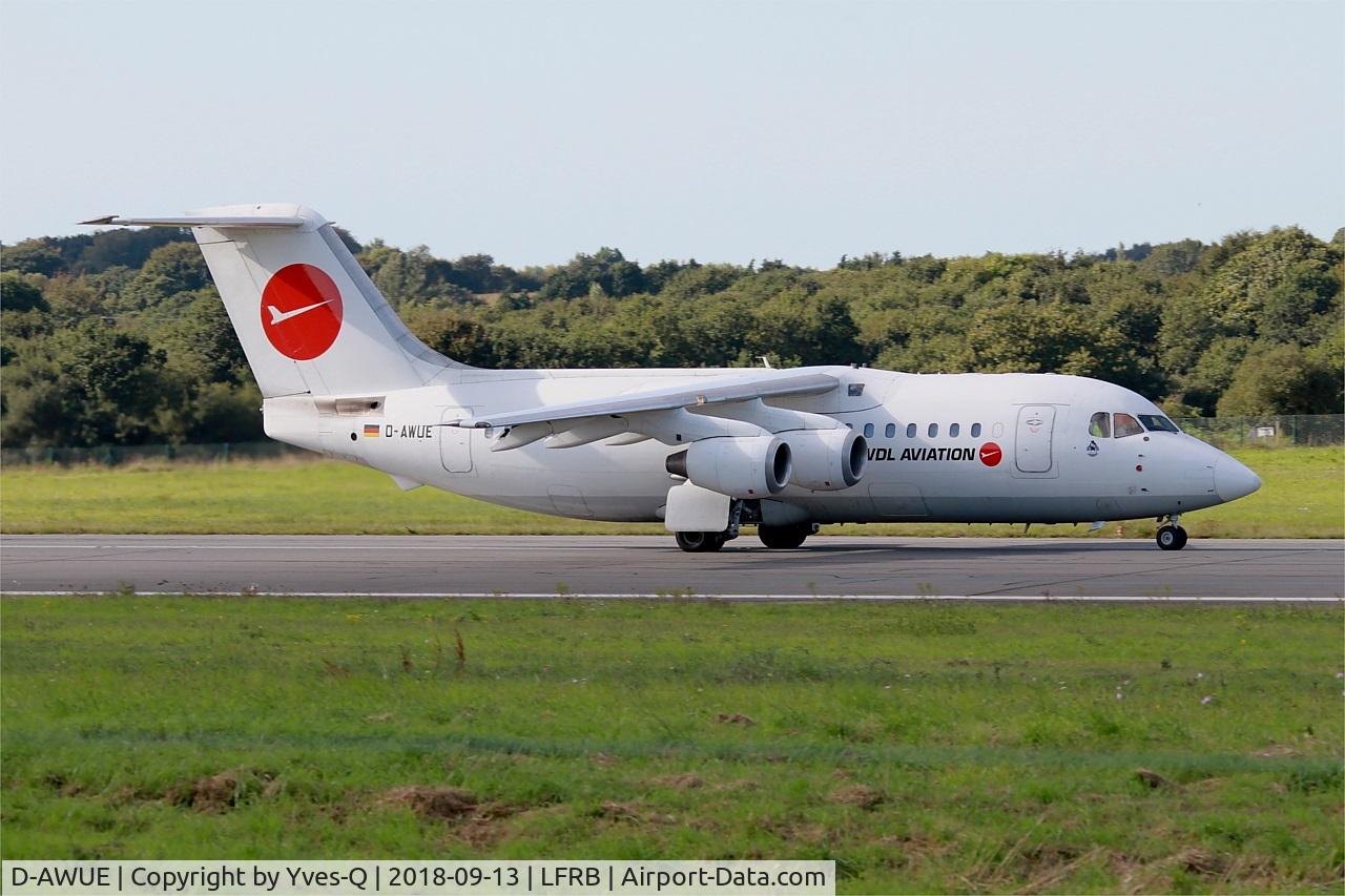 D-AWUE, 1986 British Aerospace BAe.146-200 C/N E2050, British Aerospace BAe.146-200, Take off run rwy 07R, Brest-Bretagne airport (LFRB-BES)