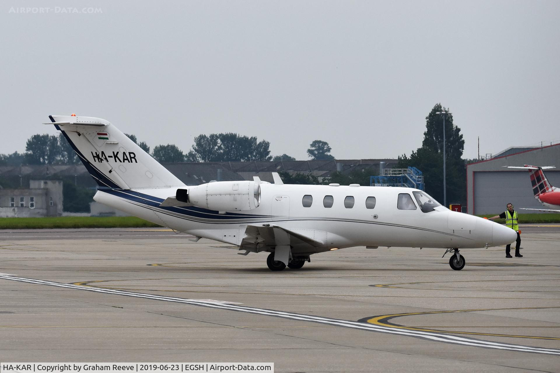 HA-KAR, 1993 Cessna 525 CitationJet C/N 525-0016, Just landed at Norwich.