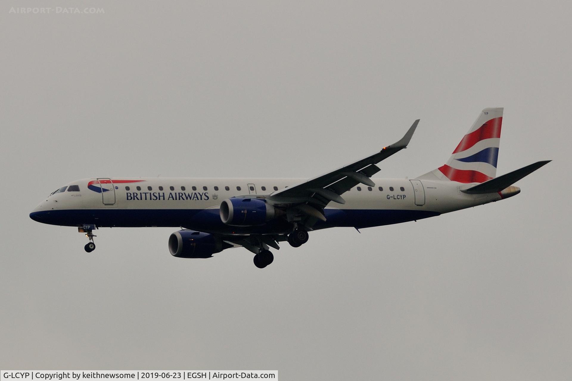 G-LCYP, 2011 Embraer 190SR (ERJ-190-100SR) C/N 19000443, Arriving onto runway 09 at Norwich ??