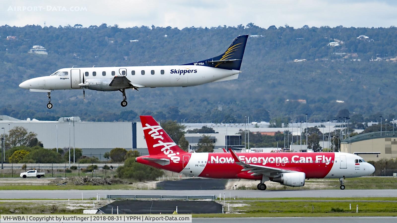 VH-WBA, 1995 Fairchild SA-227DC Metro 23 C/N DC-883B, Fairchild Swearingen SA-227DC Metroliner. Skippers VH-WBA and Airbus A320-216 AirAsia PK-AZE YPPH 31/08/2018.