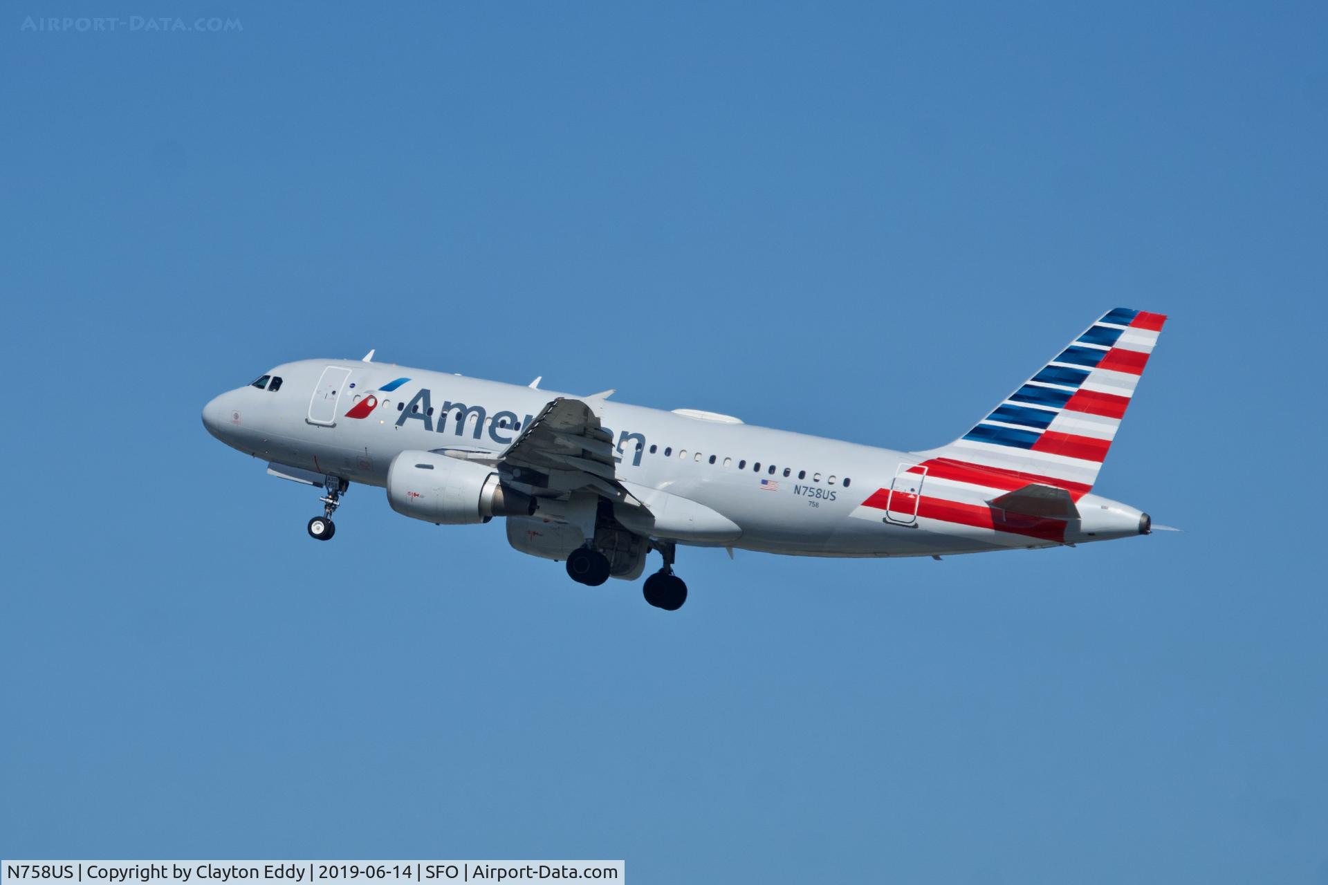 N758US, 2000 Airbus A319-112 C/N 1348, Departing runway 01 SFO 2019.