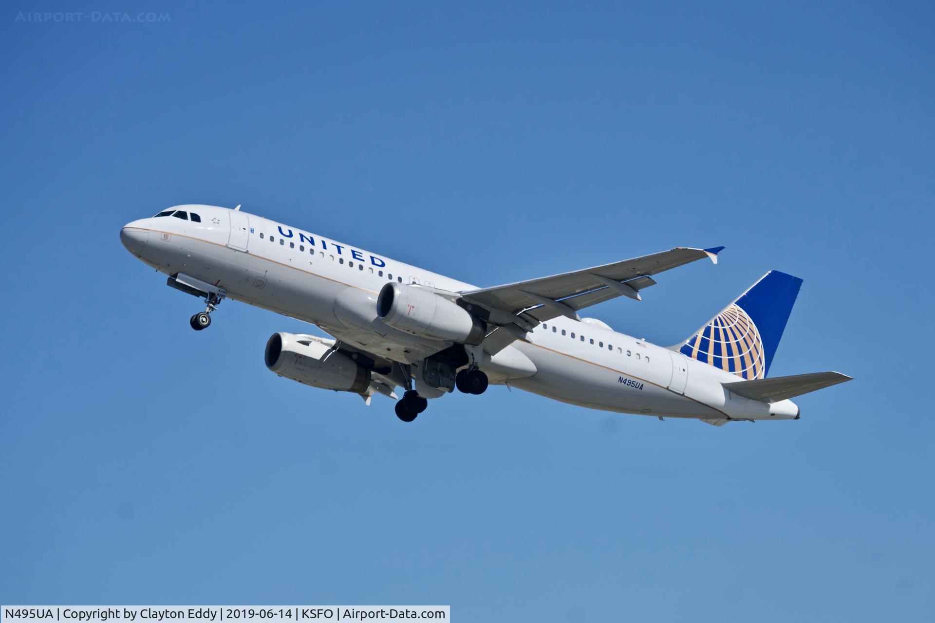 N495UA, 2002 Airbus A320-232 C/N 1842, Departing runway 01 SFO 2019.