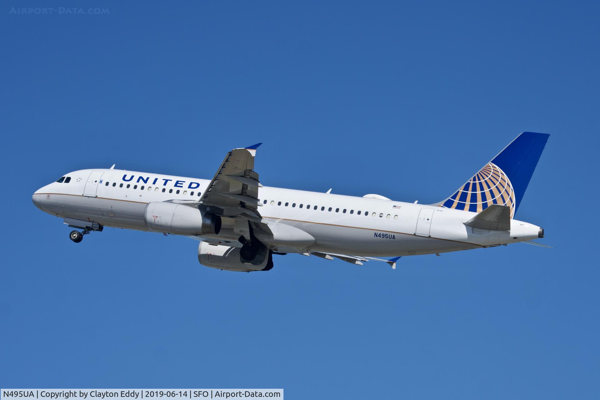 N495UA, 2002 Airbus A320-232 C/N 1842, Departing runway 01 SFO 2019.
