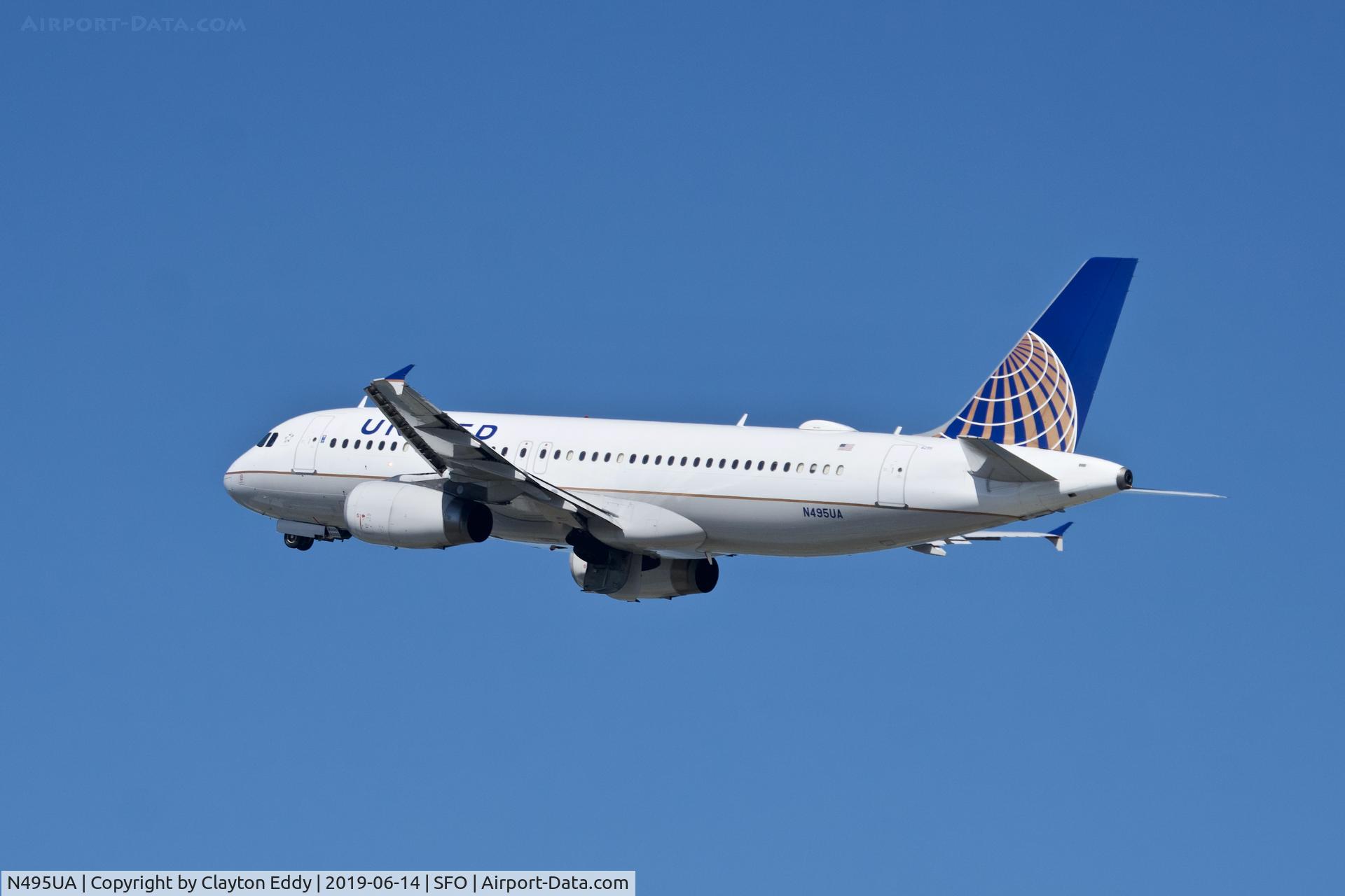 N495UA, 2002 Airbus A320-232 C/N 1842, Departing runway 01 SFO 2019.