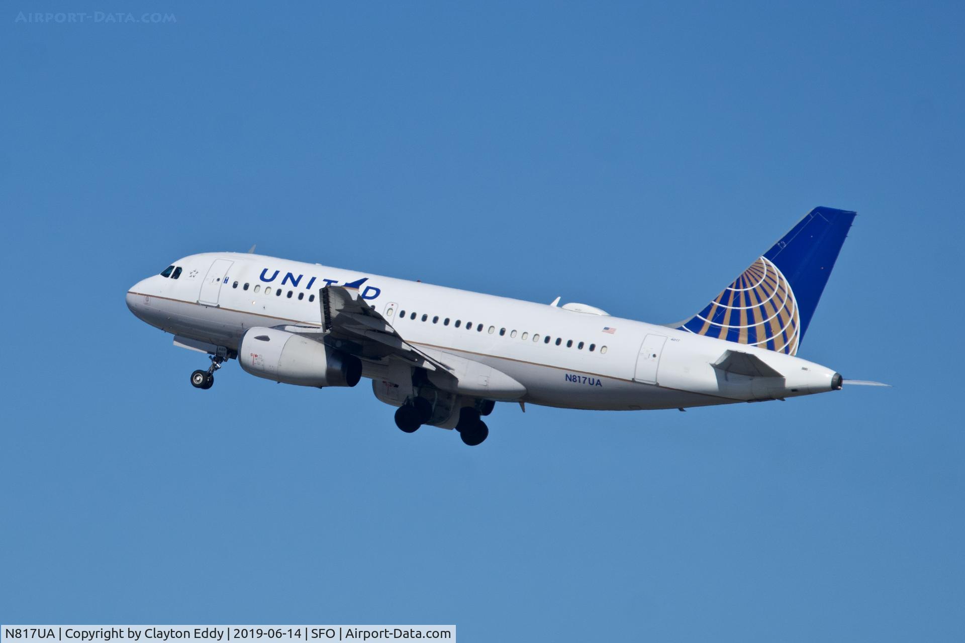N817UA, 1998 Airbus A319-131 C/N 873, Departing runway 01 SFO 2019.