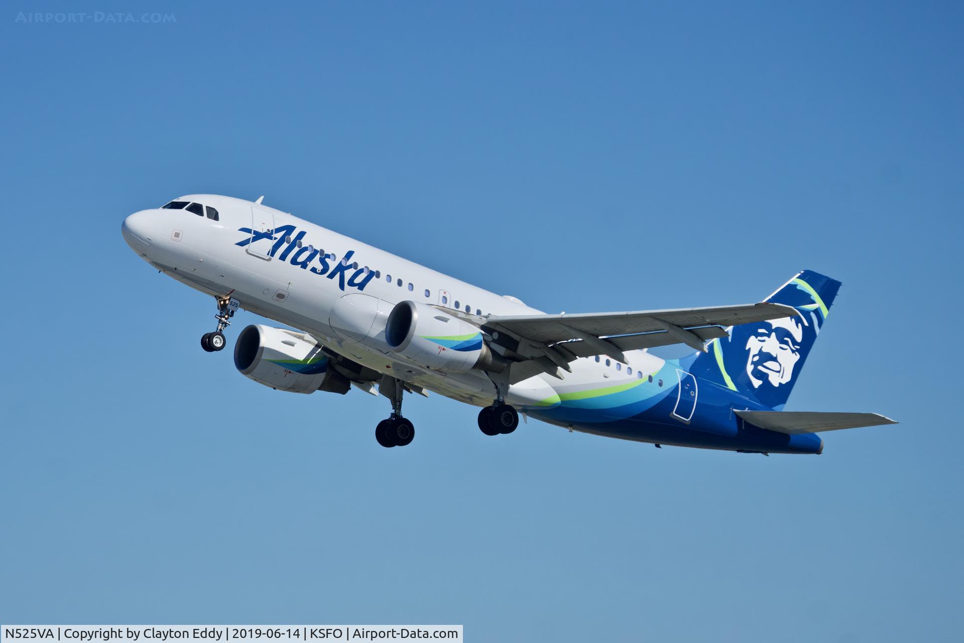 N525VA, 2007 Airbus A319-112 C/N 3324, Departing runway 01 SFO 2019.