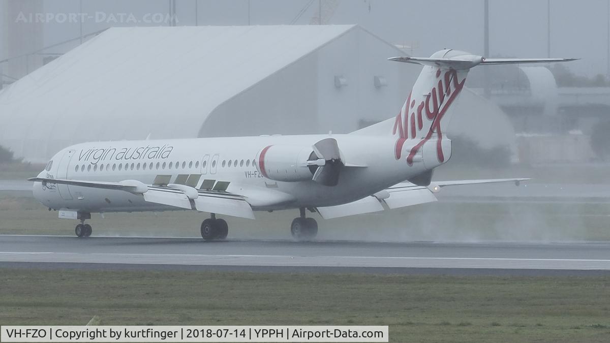 VH-FZO, 1991 Fokker 100 (F-28-0100) C/N 11305, Fokker 100. Virgin Australia VH-FZO, runway 03 YPPH 14/07/18.