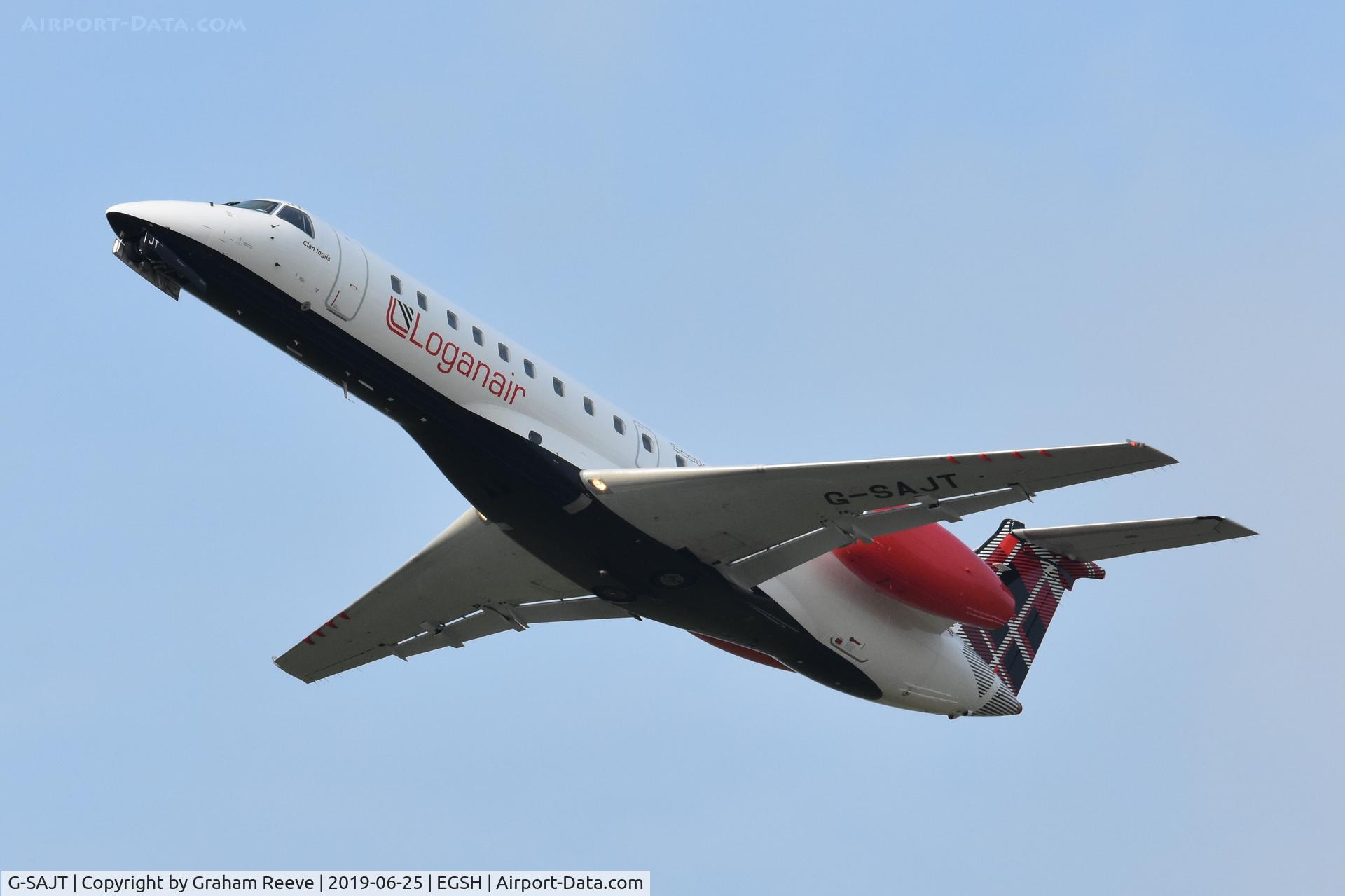 G-SAJT, 2001 Embraer ERJ-135ER (EMB-135ER) C/N 145376, Departing from Norwich.