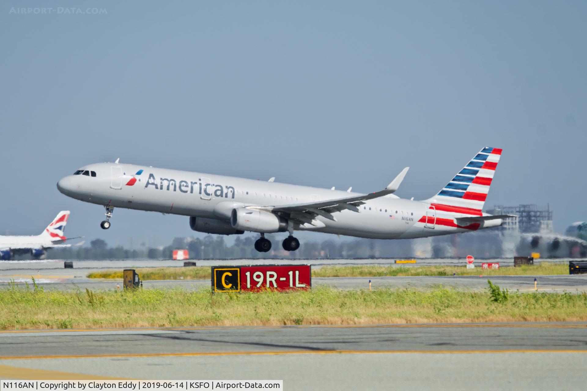 N116AN, 2014 Airbus A321-231 C/N 6070, Departing runway 01 SFO 2019.