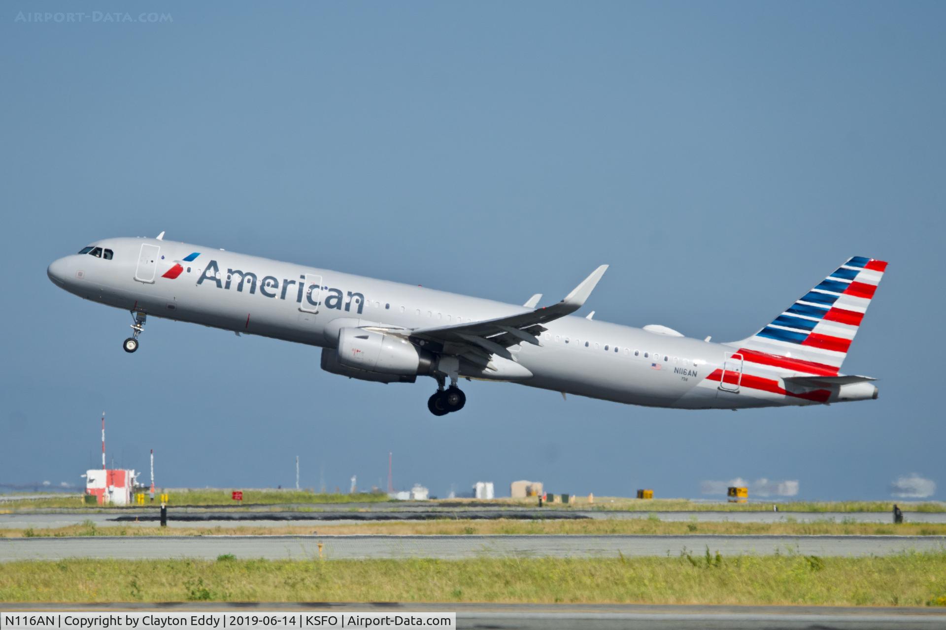 N116AN, 2014 Airbus A321-231 C/N 6070, Departing runway 01 SFO 2019.