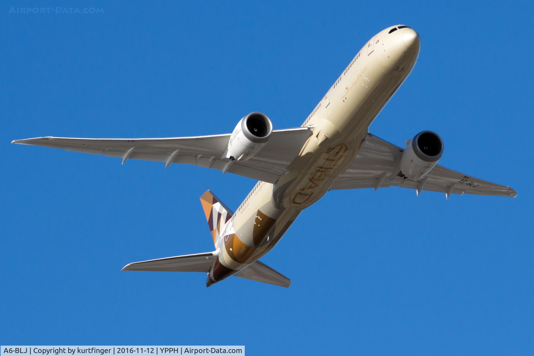 A6-BLJ, 2016 Boeing 787-9 Dreamliner Dreamliner C/N 39657, Boeing 787. Etihad A6-BLJ departed runway 21 YPPH. 12/11/16