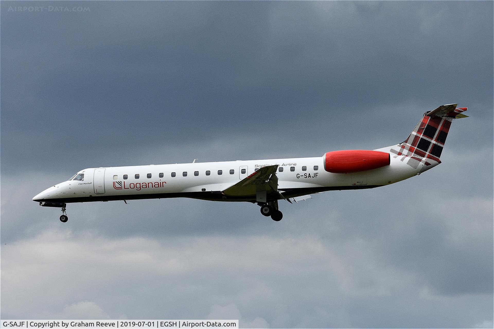 G-SAJF, 2000 Embraer EMB-145EP (ERJ-145EP) C/N 145245, Landing at Norwich.