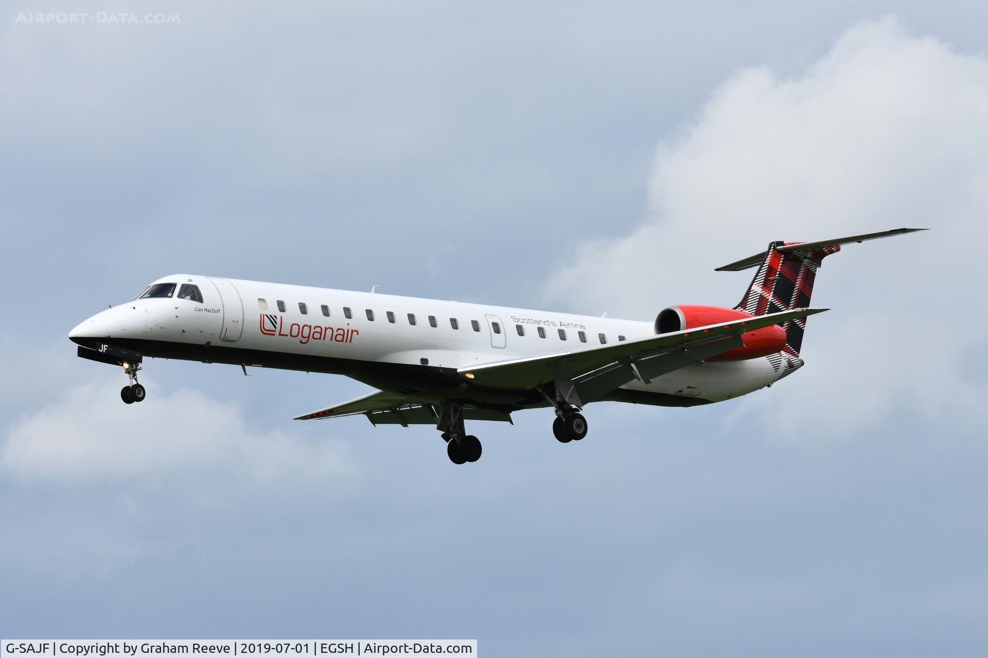 G-SAJF, 2000 Embraer EMB-145EP (ERJ-145EP) C/N 145245, Landing at Norwich.