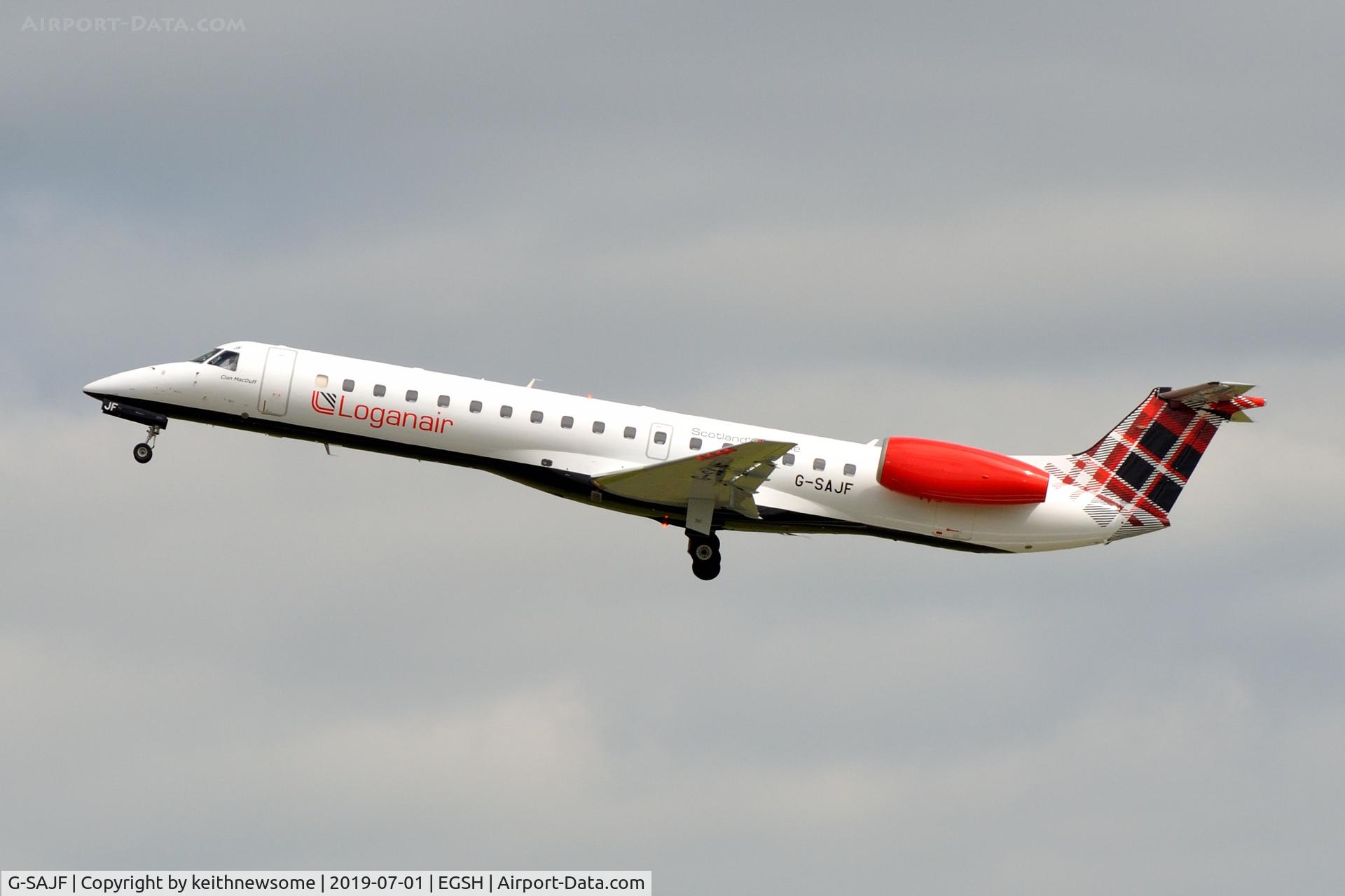G-SAJF, 2000 Embraer EMB-145EP (ERJ-145EP) C/N 145245, Leaving Norwich for Jersey.