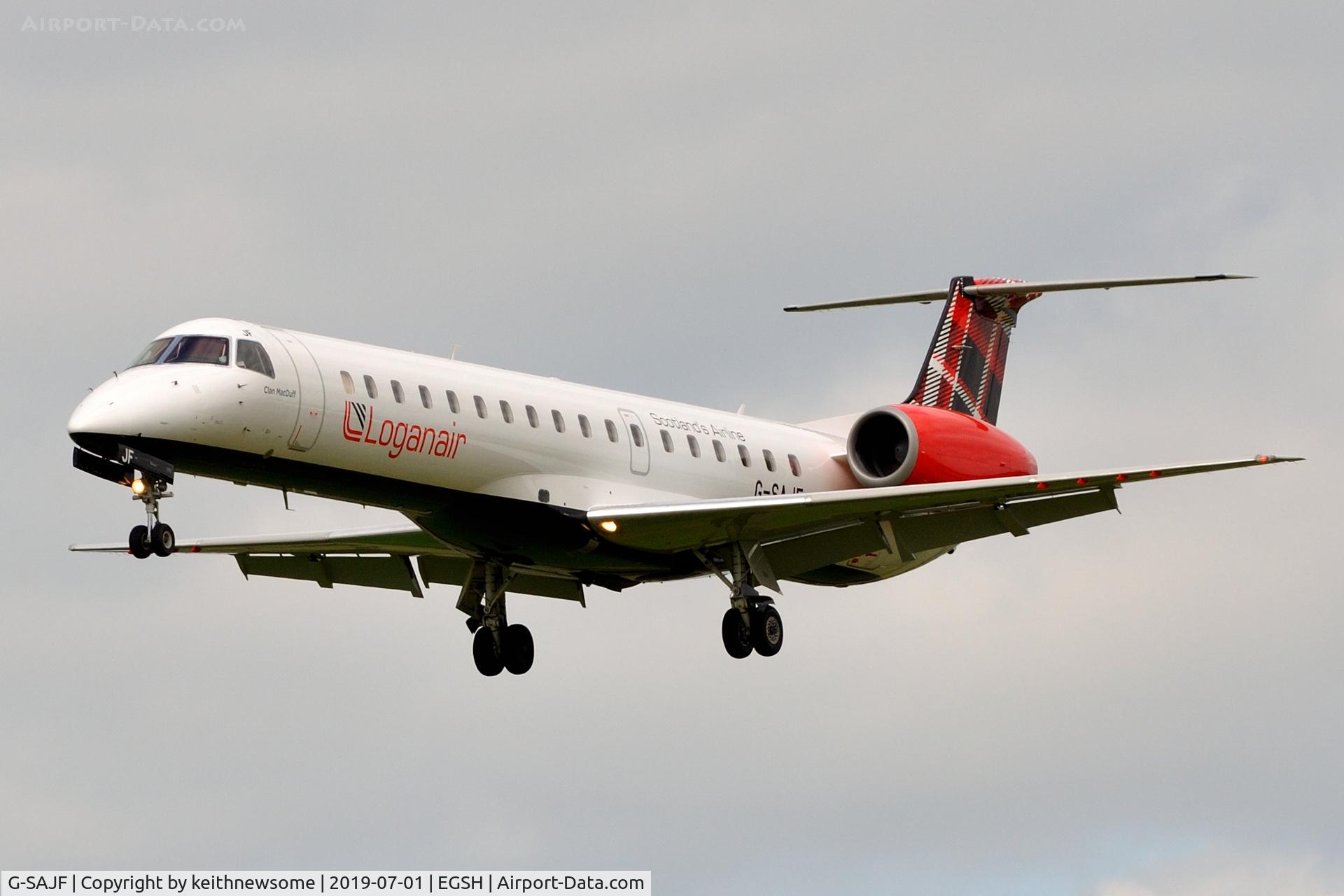 G-SAJF, 2000 Embraer EMB-145EP (ERJ-145EP) C/N 145245, Arriving at Norwich from Jersey.