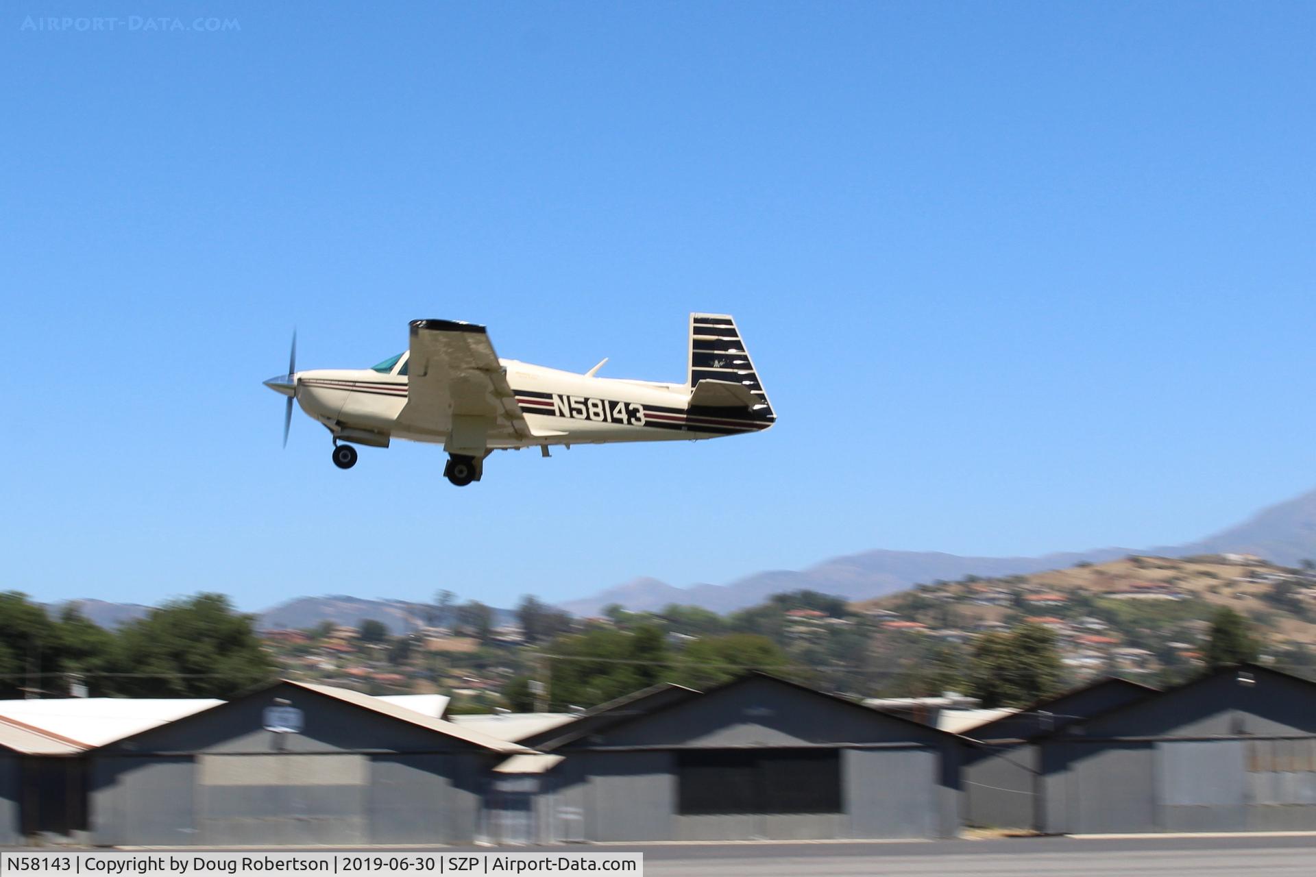 N58143, 1985 Mooney M20J 201 C/N 24-1573, 1985 Mooney M20J  201 Special Edition, Lycoming IO-360 A&C 200 Hp, upgraded interior, wing-mounted speed brakes (Precise Flight), 51 built, takeoff climb Rwy 22