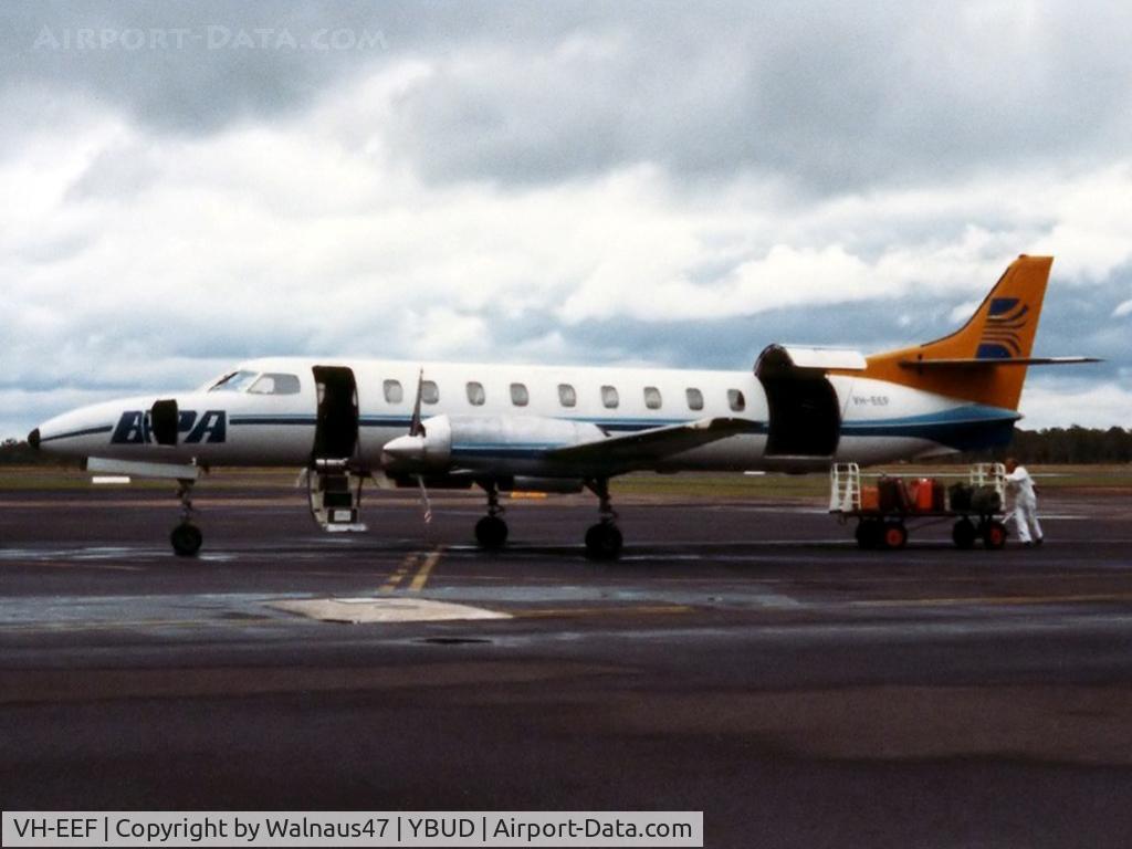 VH-EEF, 1985 Swearingen SA-226TC Merlin II C/N TC331E, Bush Pilot Airways (BPA) Metro II VH-EEF Cn TC331E (with all doors open) about to be loaded with passengers’ baggage at Bundaberg Airport YBUD in August 1989. (Low Res photo).
