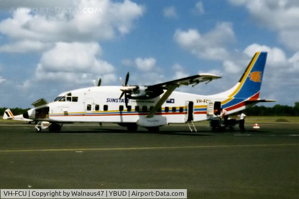 VH-FCU, 1983 Short 360-500 C/N SH.3630, Low res Port side view of Sunstate Airlines Short 360-100 VH-FCU Cn SH3630 being ‘turned around’ at Bundaberg Airport (YBUD) in Dec 1984.