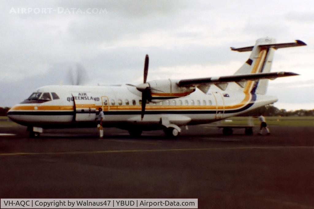 VH-AQC, 1986 ATR 42-312 C/N 012A, Air Queensland ATR-42-300 VH-AQC Cn 012A, having baggage unloaded at the Bundaberg Airport YBUD Terminal in December 1986. Low res photo.