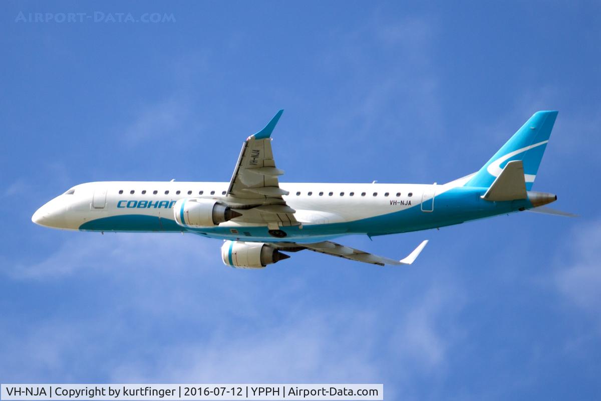 VH-NJA, 2011 Embraer 190LR (ERJ-190-100LR) C/N 19000404, Embraer ERJ-190-100LR. Cobham Aviation VH-NJA. Lilac Hill Park after departing runway 03 YPPH 120716.