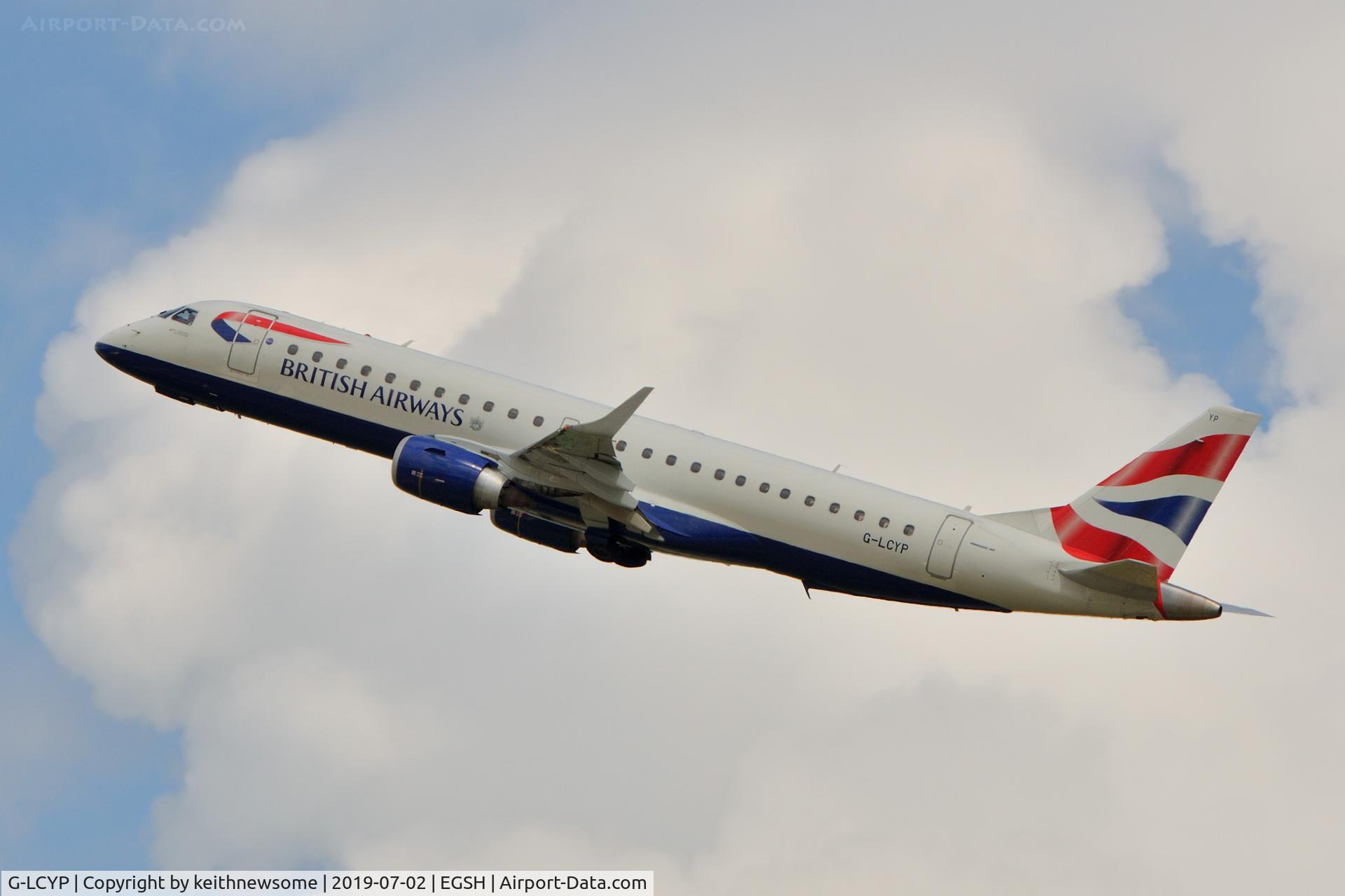 G-LCYP, 2011 Embraer 190SR (ERJ-190-100SR) C/N 19000443, Leaving Norwich for London City Airport.