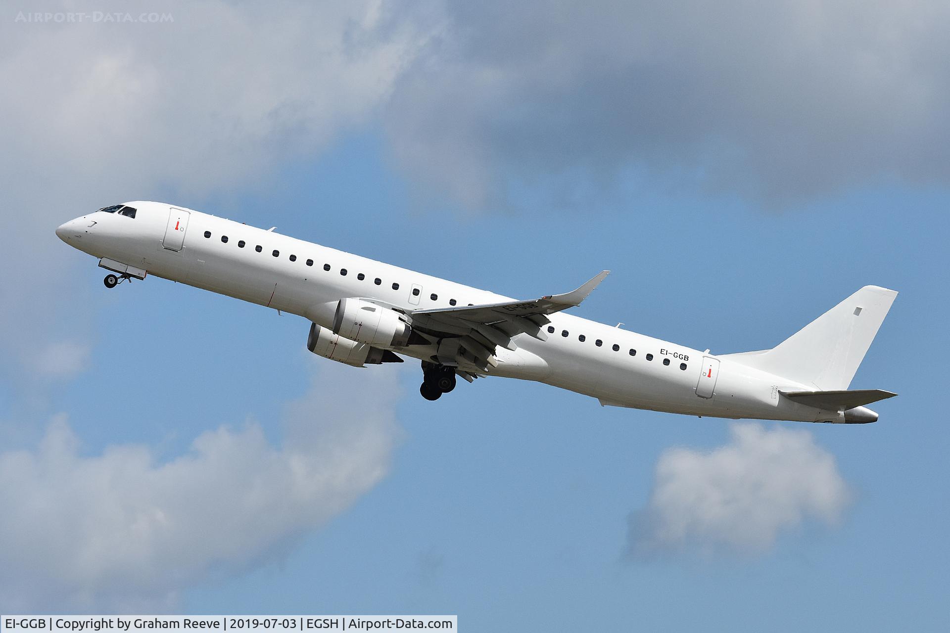 EI-GGB, 2008 Embraer 195LR (ERJ-190-200LR) C/N 19000204, Departing from Norwich.