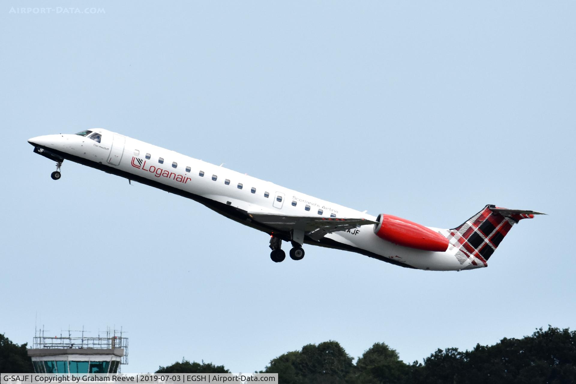 G-SAJF, 2000 Embraer EMB-145EP (ERJ-145EP) C/N 145245, Departing from Norwich.