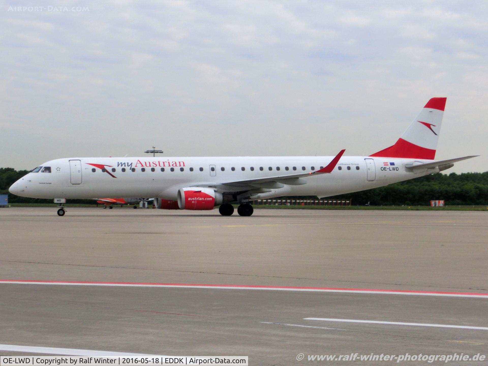 OE-LWD, 2011 Embraer 195LR (ERJ-190-200LR) C/N 19000411, Embraer ERJ-195LR 190-200LR - OS AUA Austrian Airlines 'Central Europe' - 19000411 - OE-LWD - 18.05.2016 - CGN