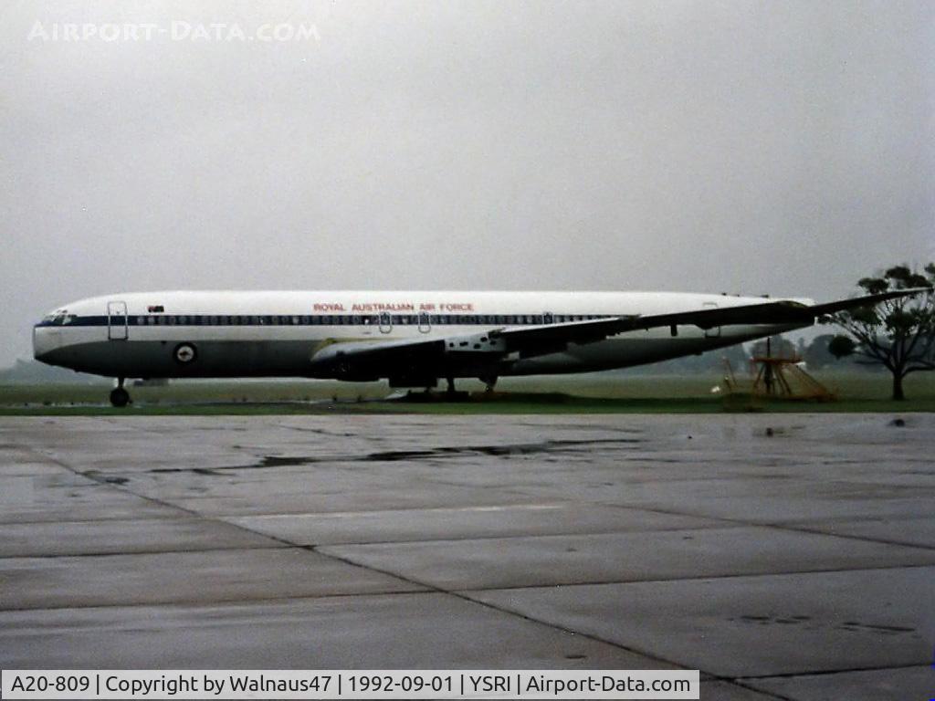 A20-809, 1967 Boeing 707-368C C/N 19809, Port side view of the first RAAF Boeing 707 hulk, named 'Hulksbury', at YSRI in 1992. This aircraft (Cn 19809) was formerly Saudi Arabian Airlines HZ-ACC. She was bought by the RAAF to provide spare engines and other parts, to support the RAAF B707 fleet.