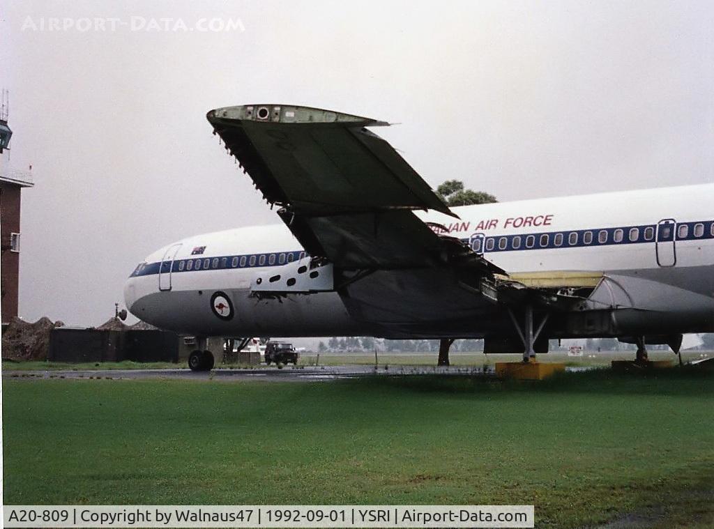 A20-809, 1967 Boeing 707-368C C/N 19809, Rear Port view of the first RAAF Boeing 707 hulk, named 'Hulksbury', at YSRI in 1992. This aircraft (Cn 19809) was formerly Saudi Arabian Airlines HZ-ACC. She was bought by the RAAF to provide spare engines and other parts, to support the RAAF B707 fleet.