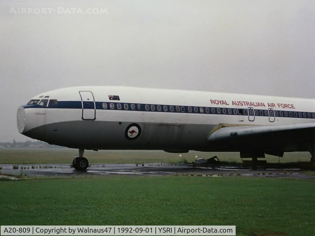 A20-809, 1967 Boeing 707-368C C/N 19809, Port front view of the first RAAF Boeing 707 hulk, named 'Hulksbury', at YSRI in 1992. This aircraft (Cn 19809) was formerly Saudi Arabian Airlines HZ-ACC. She was bought by the RAAF to provide spare engines and other parts, to support the RAAF B707 fleet