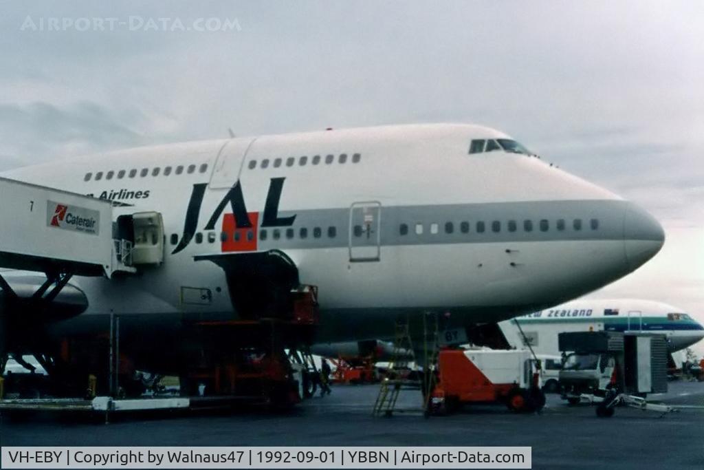 VH-EBY, 1987 Boeing 747-338 C/N 23823, Forward fuselage of Japan Airlines (Qantas) B747-338 VH-EBY (Cn 23823) at the 'Old Eagle Farm' International Airport YBBN, on 01Sep1992. Two other Qantas B747s were painted in JAL livery for an 18 month period: VH-EBT and VH-EBX.