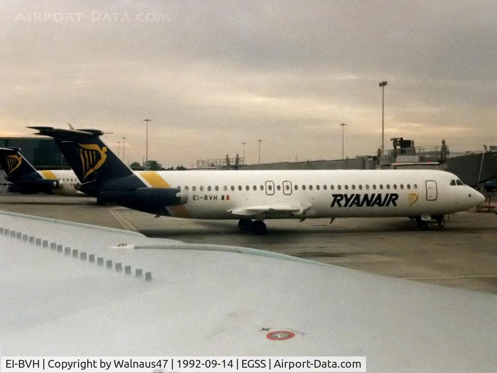 EI-BVH, Bucuresti Rombac 1-11-561RC One-Eleven C/N 407, Ryanair Romanian-built Bucuresti Rombac 1-11-561RC One-Eleven (BAC-111) EI-BVH Cn 407 on the apron at Stansted UK EGSS on 14Sep1992 - taken from RAAF 33 Squadron AAR Tanker Boeing 707-338C(KC) A20-624 before a flight from Stansted to Dulles Washington.