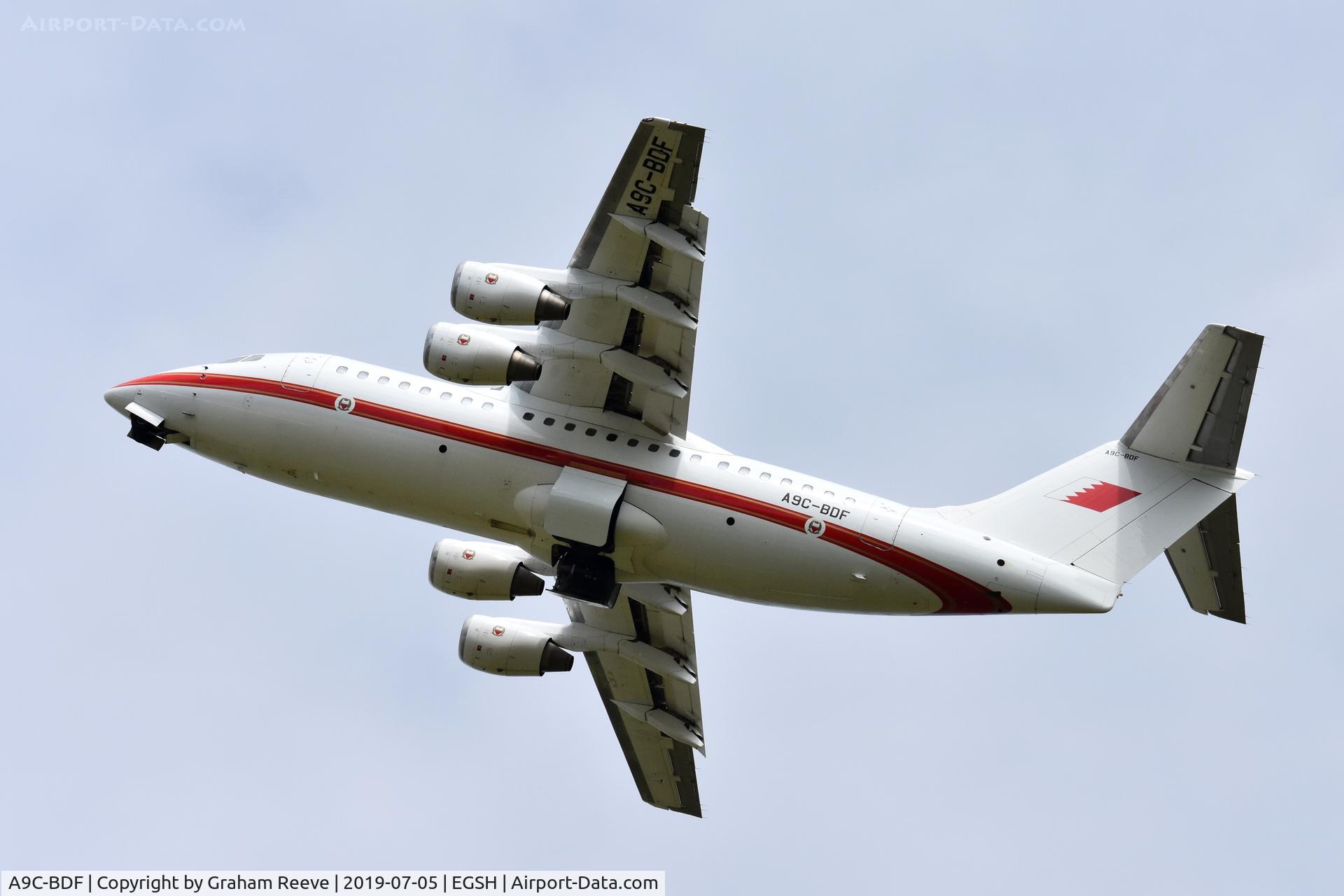 A9C-BDF, 2001 BAE Systems Avro 146-RJ85 C/N E.2390, Departing from Norwich.