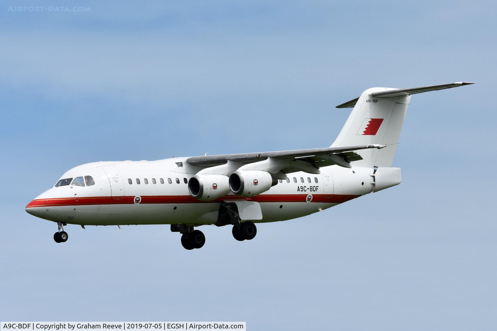 A9C-BDF, 2001 BAE Systems Avro 146-RJ85 C/N E.2390, Landing at Norwich.