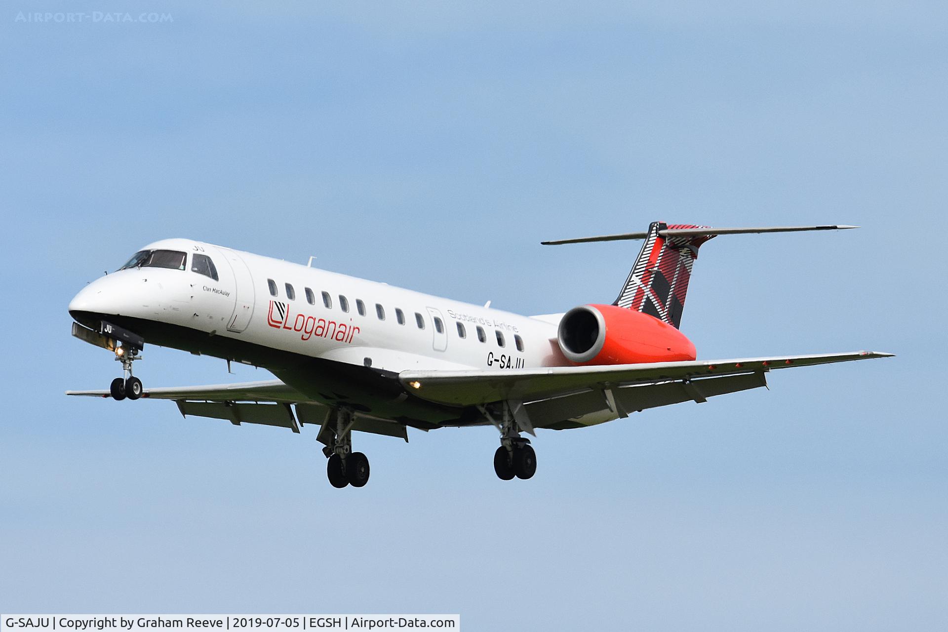 G-SAJU, 2001 Embraer ERJ-135ER (EMB-135ER) C/N 145494, Landing at Norwich.